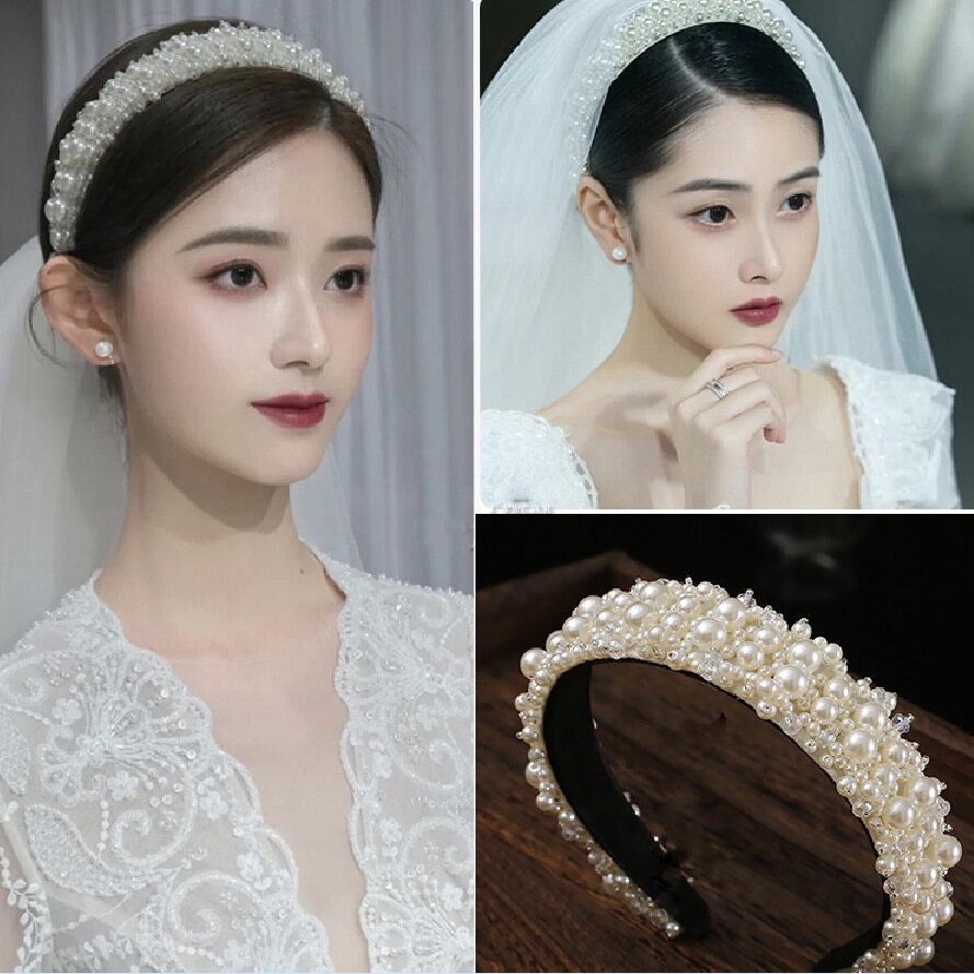 T-B European and American Cross-border Hot-selling Bridal Pearl Headdress Catwalk Crystal Wide Hair Band, Retro Wild Travel Photography Wedding Dress Hair Accessories women Accessories