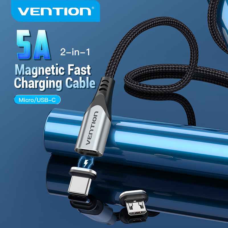 【COD】Vention Cáp từ tính USB 3A 5A USB A Male To Micro B Male & USB C Male 2 trong 1 Cáp sạc nhanh từ tính An toàn không bị đứt cắm vào hoặc ra Dây bện nylon cho điện thoại di động iPad Macbook Samsung Lenovo HuaWei XiaoMi Micro B & Type C Cáp từ tính