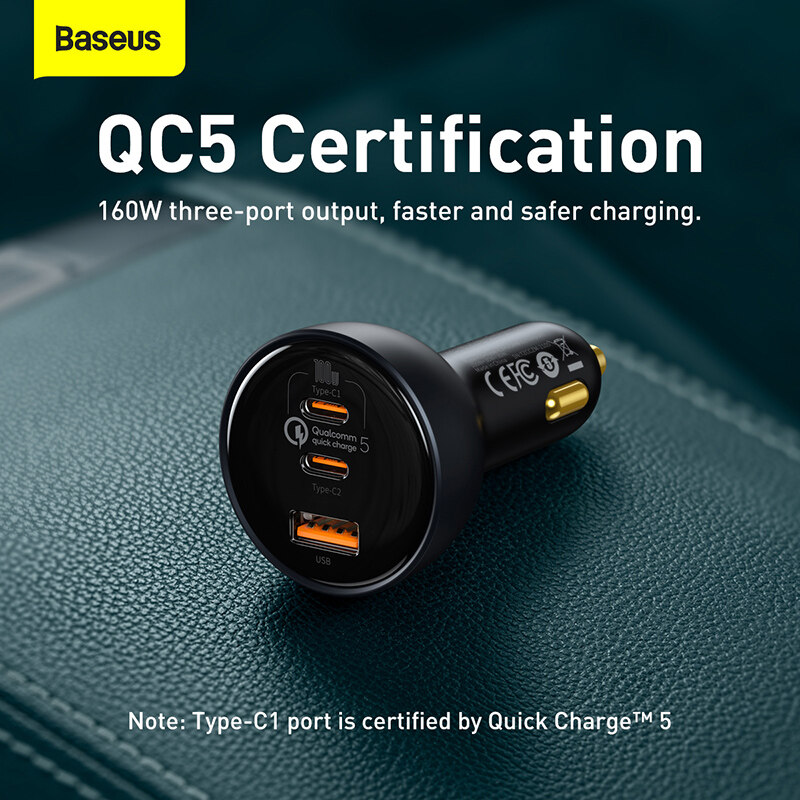 Bộ sạc ô tô Baseus 160W Sạc nhanh QC5.0 PD3.0 3 cổng Bộ sạc nhanh trên ô tô cho iPhone13...
