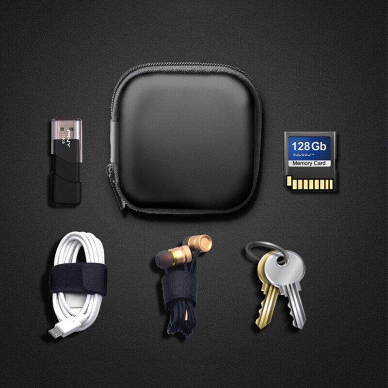 Mini Zipper Hard Headphone Case Portable Earbuds Pouch Box PU Leather Earphone Storage Bag Protective USB Cable Organizer