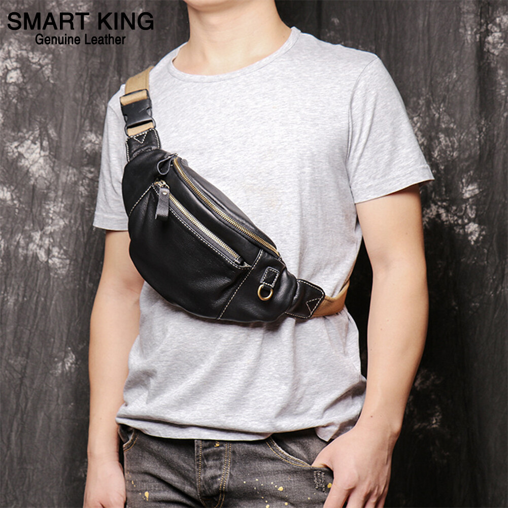 Smart King New Fashion For Men Casual Chest Bag Genuine Cow Leather Crossbody Top Layer Genuine Leather Classic Korean Style Multifunction Large Capacity Sling Shoulder Bag
