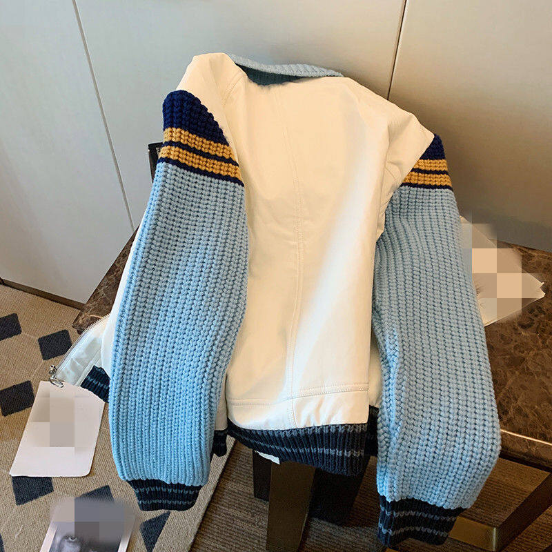 Sweater Patchwork Denim Jacket Women's Lapel Jacket Retro Baseball Uniform New Fall 2022 Casual Oversize Outwear for Female