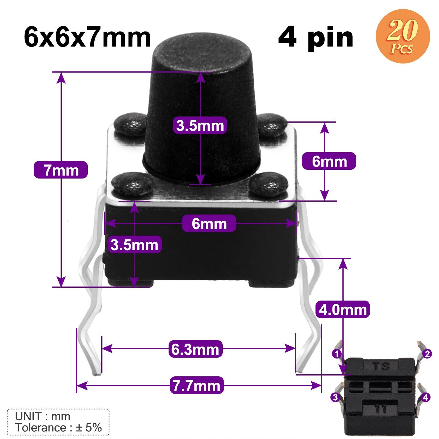 6x6mm x 4.3 / 5 / 6 / 7 mm micro push tact switch 2 / 4pin touch button mini tactile pushbutton toggle pcb momentary push-button