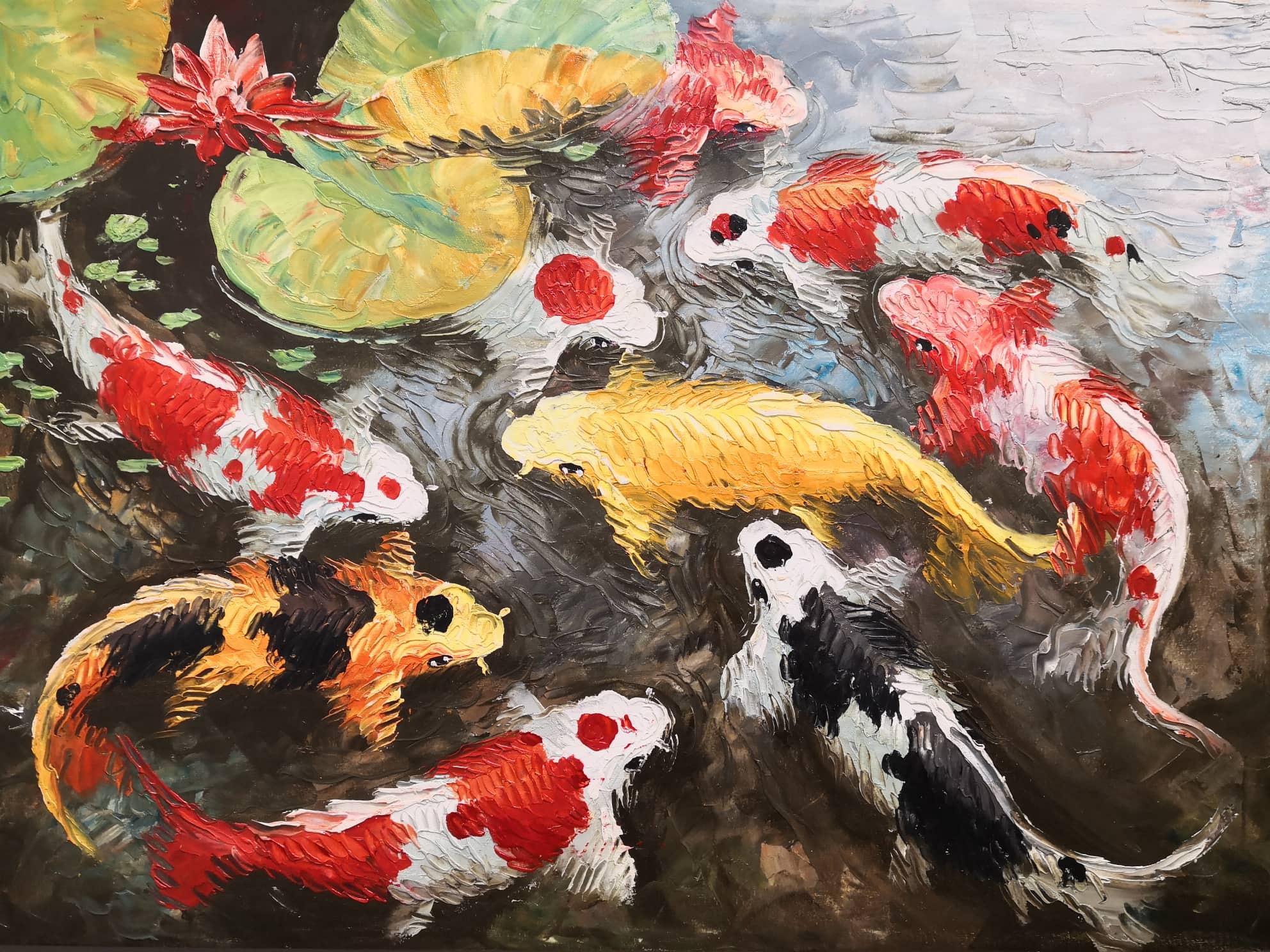 美術品・アンティーク・コレクション 『白と金の鯉』F10 油彩画 oil