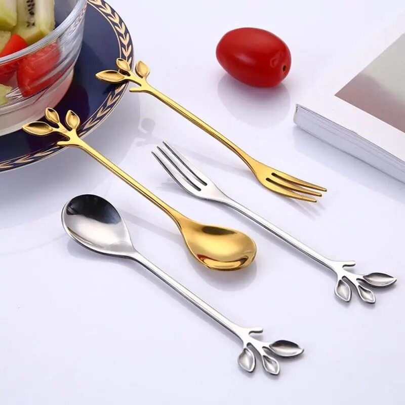 Lá thép không gỉ Bộ muỗng nĩa trái cây tráng miệng muỗng pha cà phê Phụ Kiện Bộ đồ ăn nhà bếp
