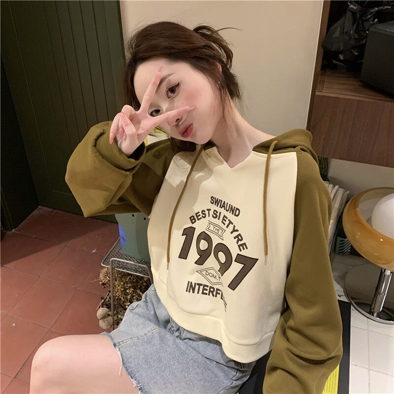 HengShanYuan Thin sweatshirt women's hooded print stitching double cap