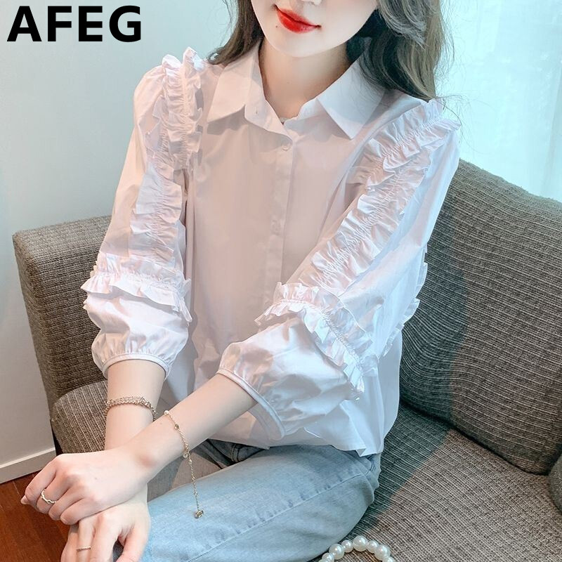 AFEG solid color of the new Korean version of the shirt collar fashion loose assorted lanterns seven sleeve blouse