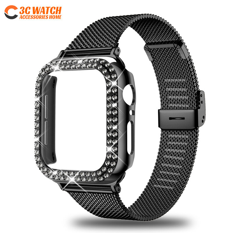Diamond case+metal strap for apple watch band 49mm ultra stainless steel bracelet for i watch 8 7 45mm 44mm 40mm 41mm series 6 5 3 42mm 38mm wristband case