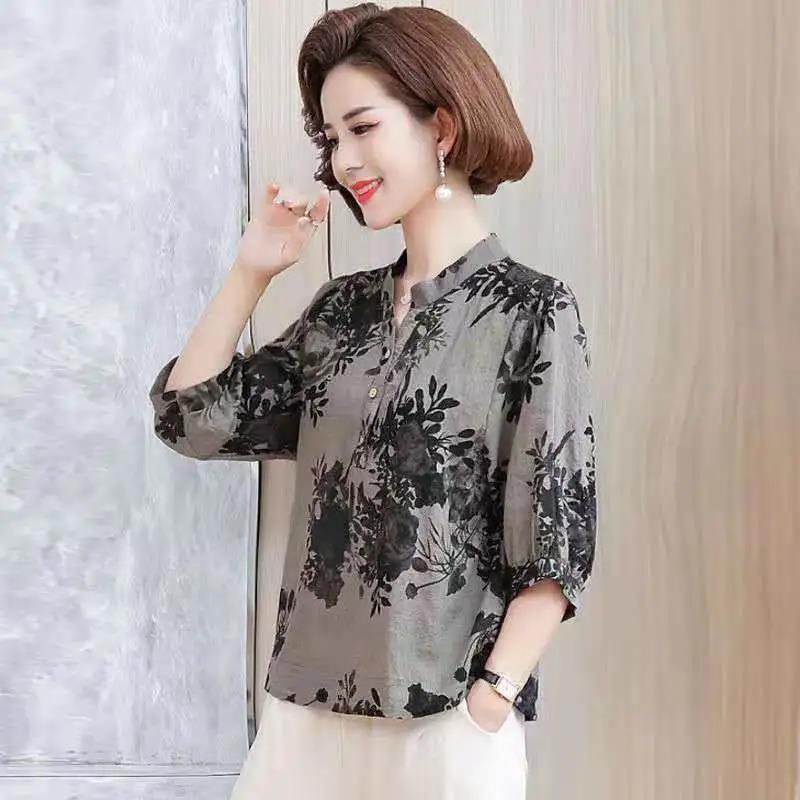 M-3XL Plus Size Casual blouse100% Cotton Ma Xia Yang T-shirt Fashion Women's 5/4 Sleeve Top Temperament Shirt Women
