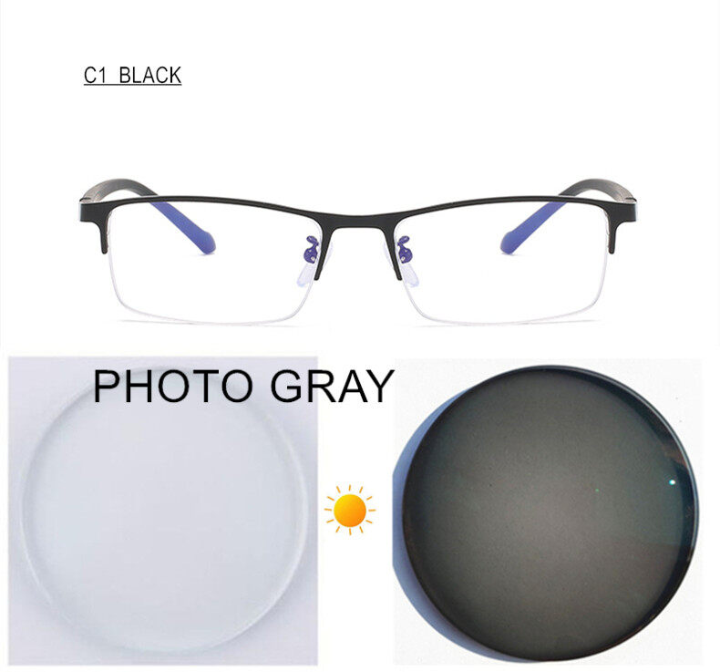 Photochromic Anti Blue Ray Myopia Glasses Metal Retro Presbyopic Glasses for Men and Women Resin Comfortable Graded Lenses for Outdoor UV Protection