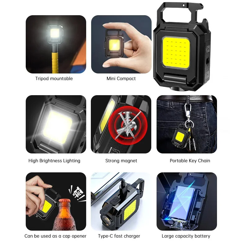 Flashlight Cob Work Light For Xpe Led Lanterns Lamp Multi Type-c Side Fishing Mini Pocket Waterproof Camping Lights Foldable Rechargeable Outdoor Folding Portable Keychain With Super Ipx4 Lanterna