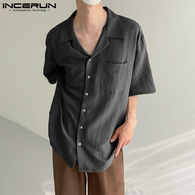 Medussa INCERUN Men's Turn-Down-Collar Solid Tops Simple Loose Button Down Shirts (Korean Style)