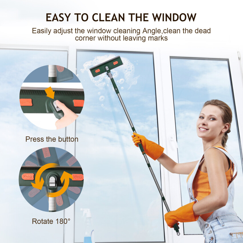Window Squeegee Cleaner 2 In 1 Rotatable Window Cleaning Tool Kit With Extension Pole, 94‘’ Telescopic Window Washing Equipment With Bendable Head For Indoor/Outdoor Car Glass
