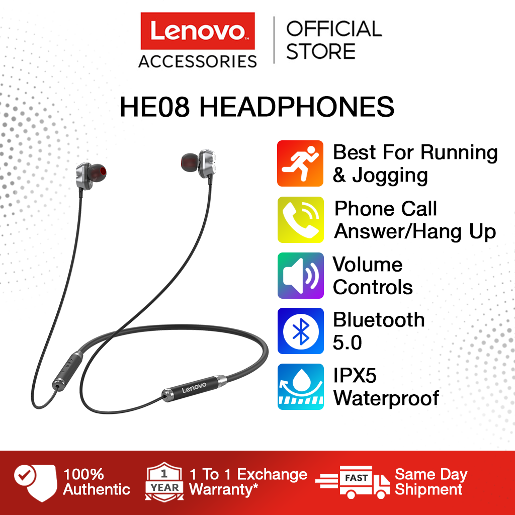 Lenovo HE08 Neckband Wireless Bluetooth Earphone In Ear Headset