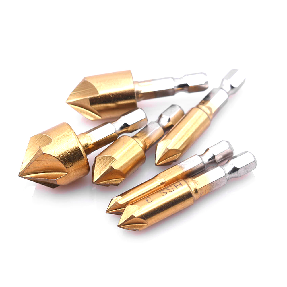 KKmol 6pcs Countersink Drill Bit Set 1/4'' Hex Shank HSS 5 Flute Countersink 90 Degree Wood Chamfering Cutter Chamfer 6mm-19mm