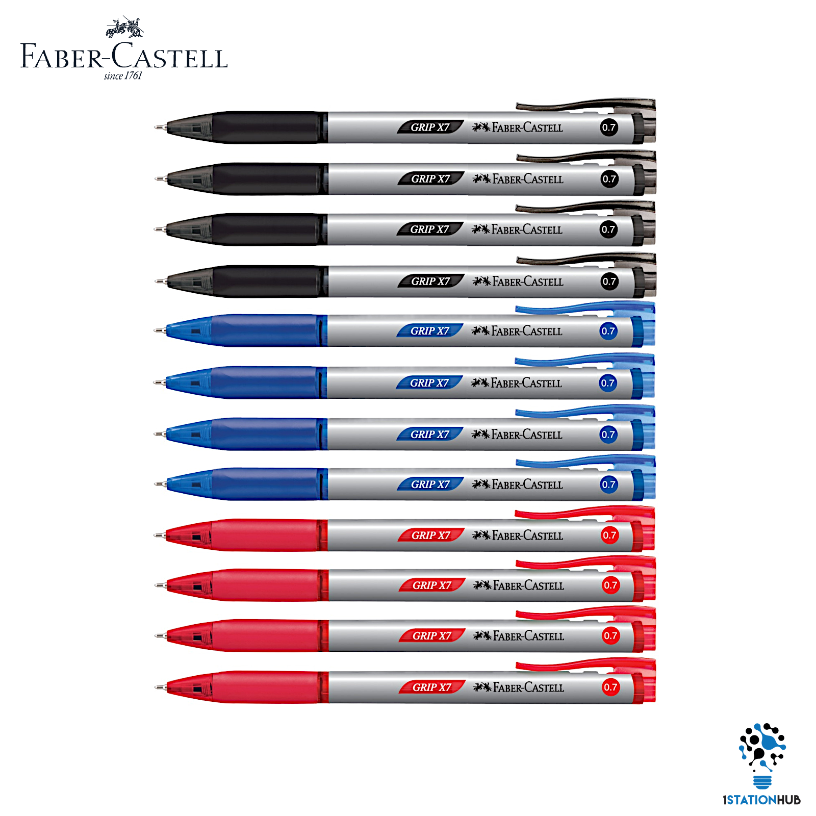 Faber Castell Grip X7 Ball Point Pen Black Red Blue Pack of 12 Pens