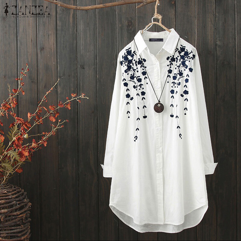 ZANZEA M-5XL Women Long Sleeve Shirt Tops Casual Asymmetrical Hem Blouse Lapel Tops