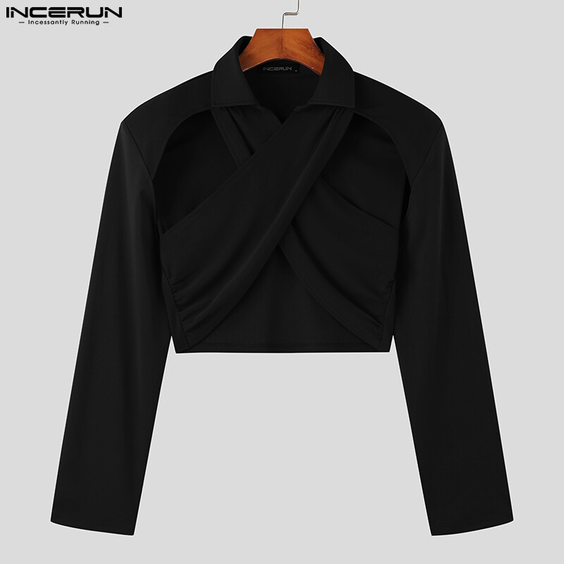 INCERUN Mens Long Sleeve Personalized Tie Crossover Cropped Plain Tops Lapel Shirts