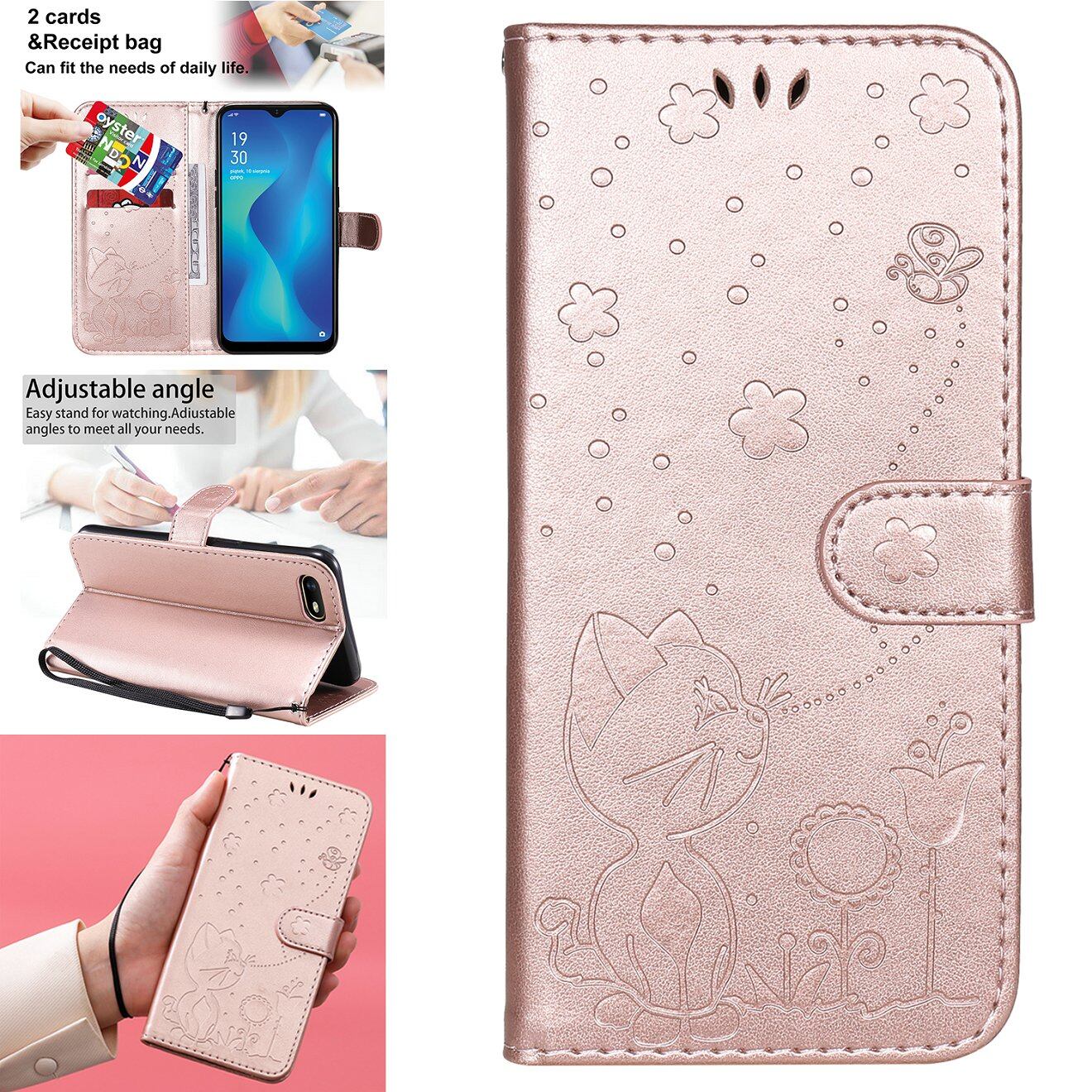 Bujing-Realme C2 case,Oppo A1k case,RMX1941 case,Embossed Cat & Bee Pu Leather and TPU Wallet,Card slot,Support Case for Realme C2 / Oppo A1k(6.1 )