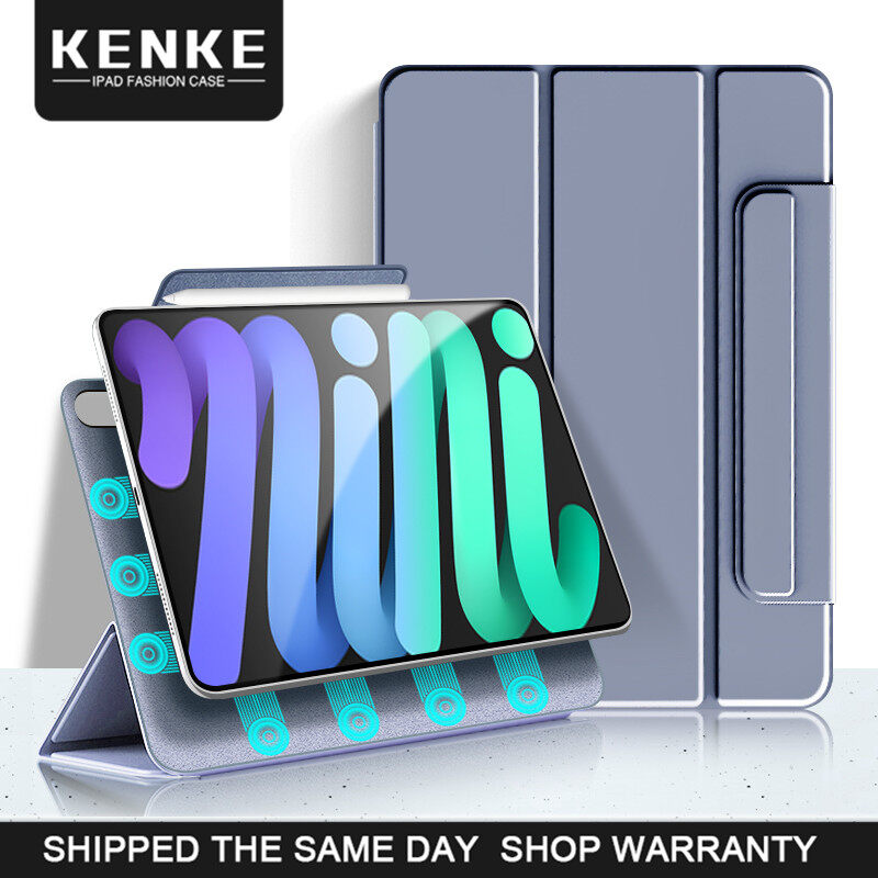 KENKE iPad case Ultra-thin magnetic double-sided clip cover for Apple iPad 2021 mini 6 case With buckle support pencil adsorption charging Tri-fold cover dual-purpose support bracket Anti-bending design