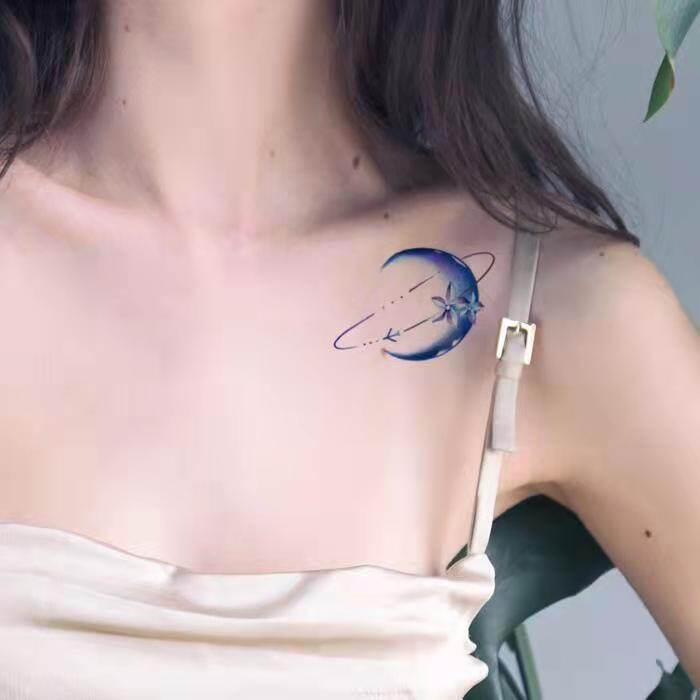 blue dream moon tattoo stickers fresh clavicle waterproof female lasting