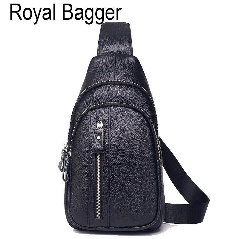 Royal Bagger Shoulder Chest Bag For Men Genuine Cow Leather Street Fashion Casual Multifunction Crossbody Handbag Cool Travel Outdoor Sport Sling Bags