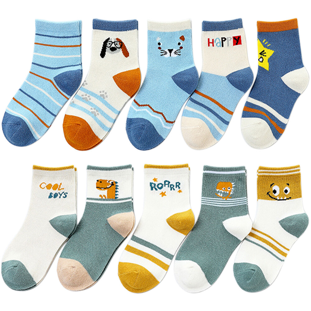10 Pairs Baby Socks Cotton Cute Cartoon Soft Breathable Comfortable for 1-5 Years Kids Boys or Girls Blue Pink Grey