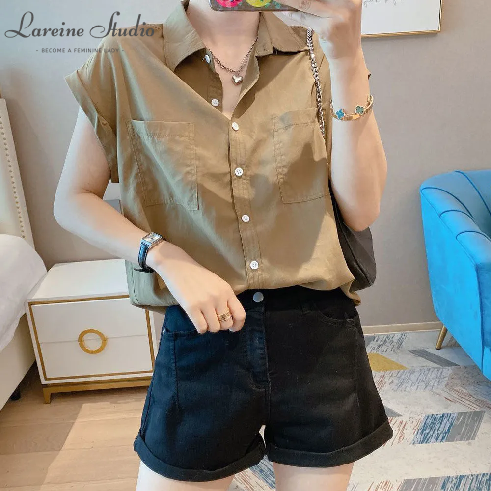 LAREINE Sơ Mi Nữ Hàn Quốc thường phong cách Ngắn Tay Áo Cổ LậT Chic màu trơn cỡ lỡn áo hàng đầu