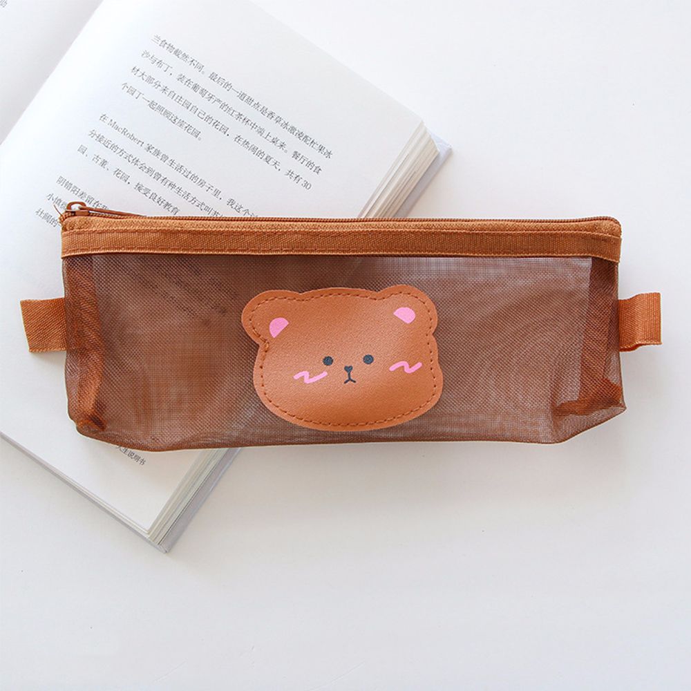 MMLUCK Brown Stationery School Supplies Large Capacity Pen Bag Mesh Pencil Case Storage Bags Bear Pencil Bags Kawaii Pencil Bag
