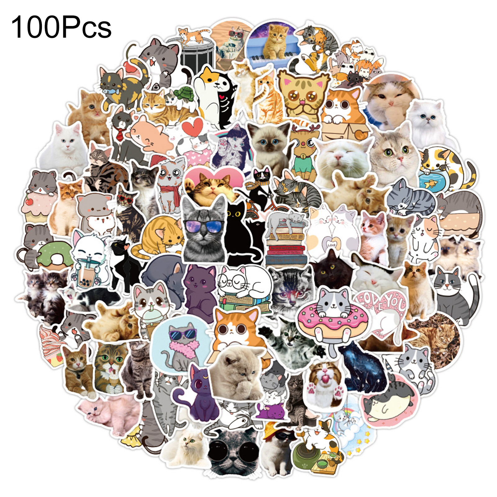 Norkee 100Pcs/Bag Cat Sticker Cute Various Patterns Self-adhesive Removable Waterproof Decorative PVC Laptop Skateboard Doodle Sticker for Kids Doodle Sticker Removable