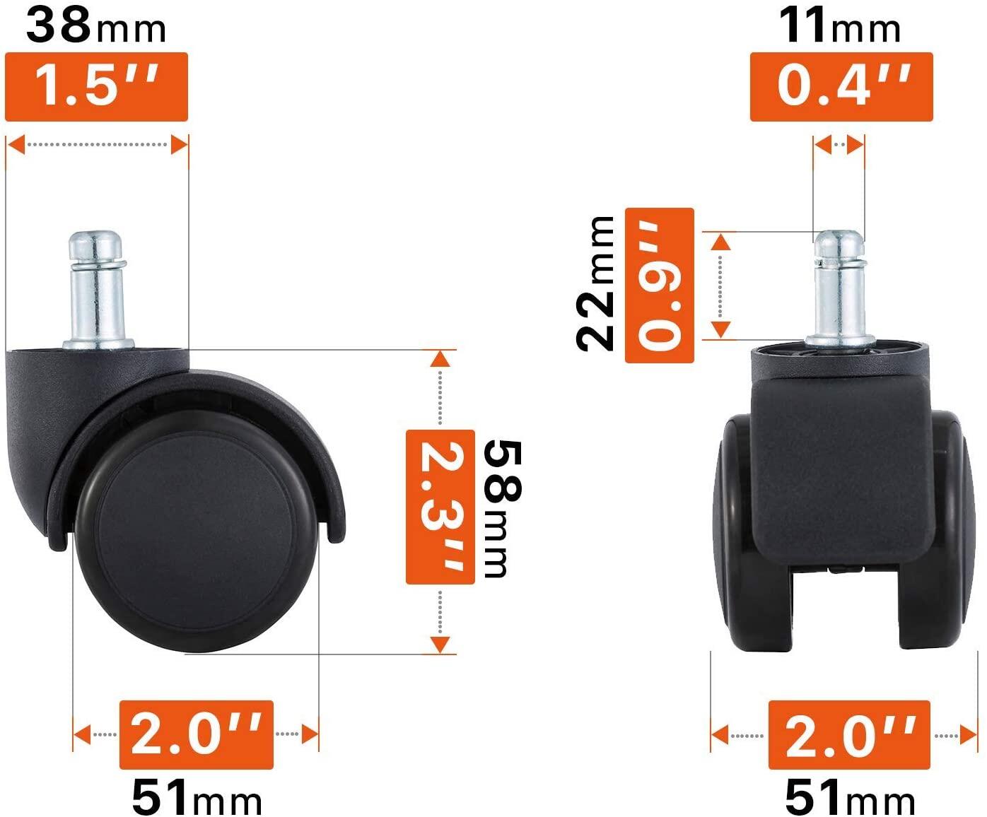 5pcs 2 Inch Office Chair Caster Wheels Silent Castor Wheels Replacement Floor Protecting Smooth Rolling Heavy Duty Load Computer Gaming Desk Universal Type 11x22mm Fit Standard Size