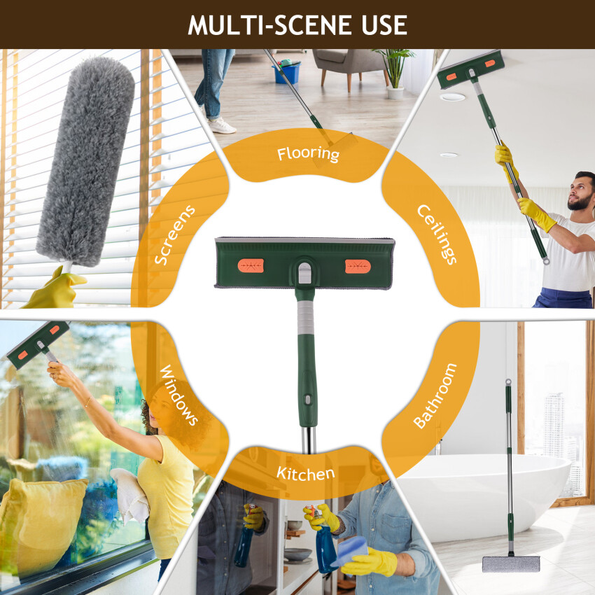Window Squeegee Cleaner 2 In 1 Rotatable Window Cleaning Tool Kit With Extension Pole, 94‘’ Telescopic Window Washing Equipment With Bendable Head For Indoor/Outdoor Car Glass