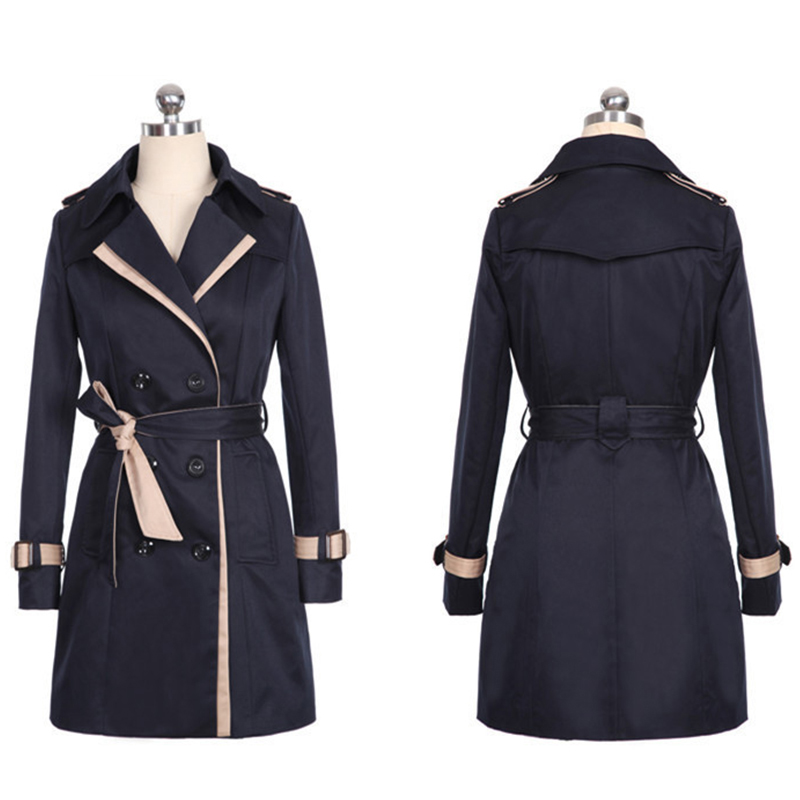 Women Thin Trench Coat Turn-down Collar Double Breasted Patchwork spell color Trench Slim Plus Size Wind coat