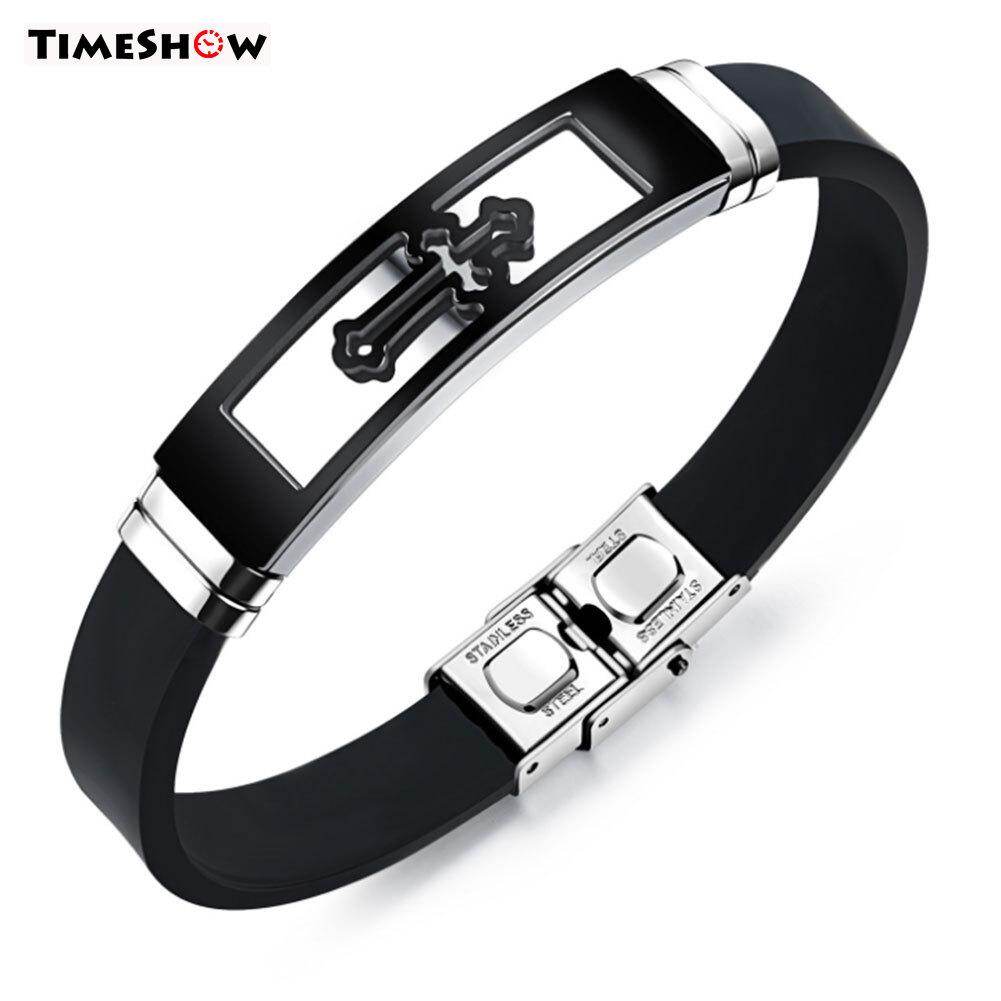 TimeShow Men Silicone Titanium Steel Cross Bracelet Bangle Wristband Masculine Jewelry