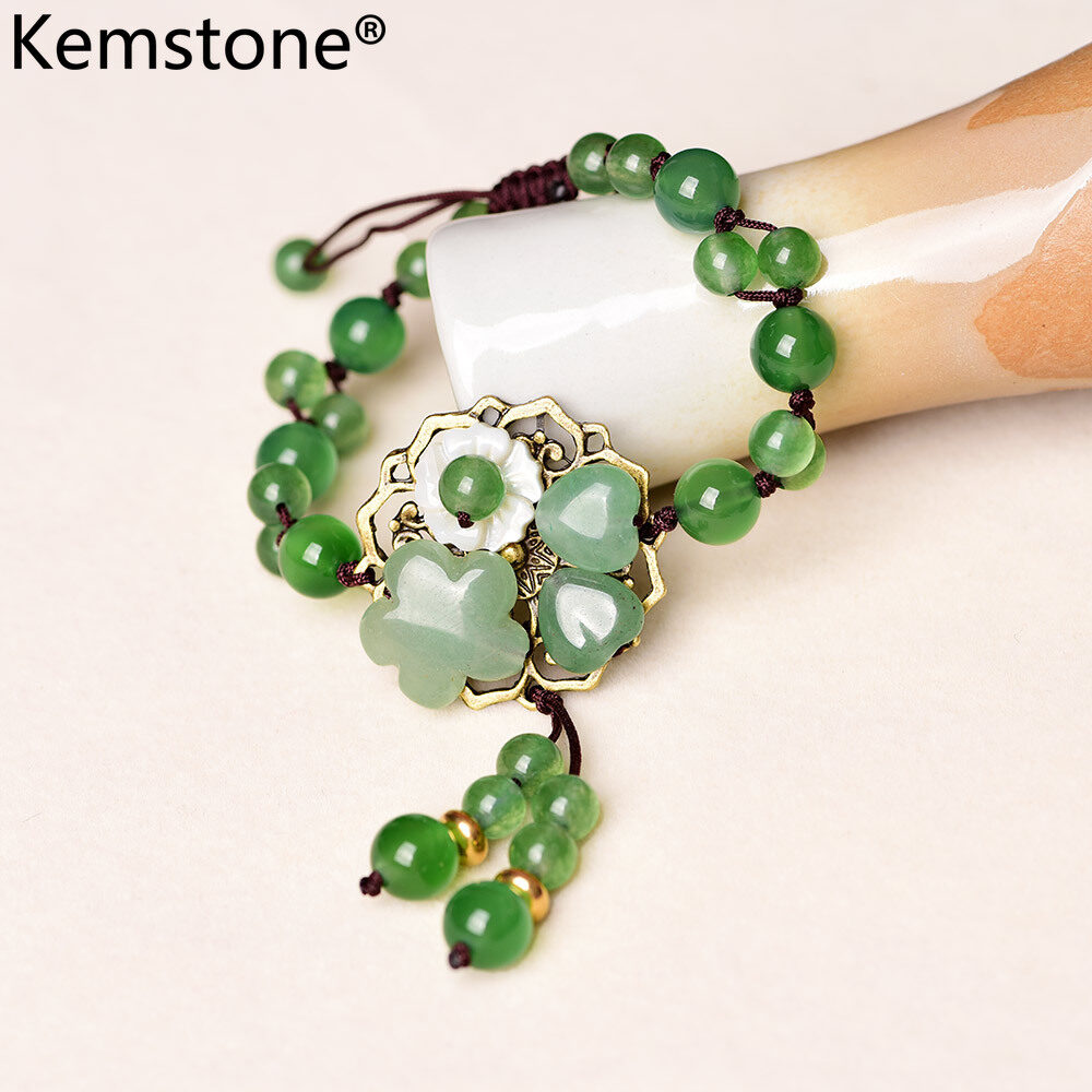 Kemstone Fashion Natural Agate Jade Beads Flower Alloy Bracelet Jewelry Gift for Women Girls