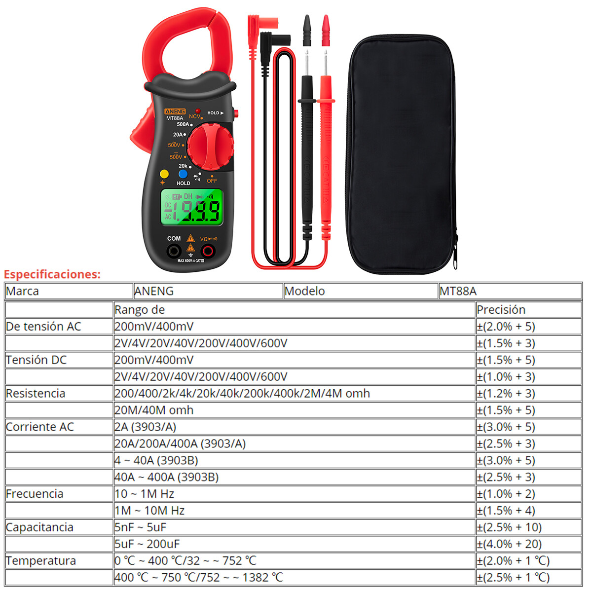 Smart Sensor MT88A Clamp Meter Multimeter LCD Digital Universal Meter 1999 Counts Auto Range Handheld DC/AC Voltage Voltmeter 500A AC Current Ammeter Frequency Capacitance Tester NCV Test Data Hold Green Backlit Screen