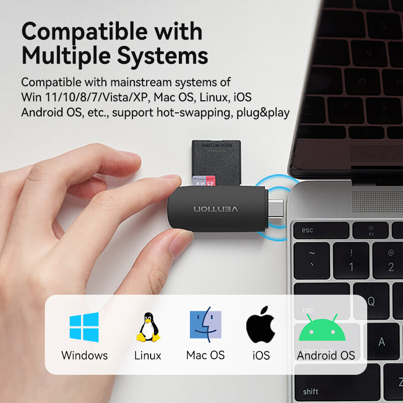 Vention Đầu Đọc Thẻ Nhớ Type C USB 3.0 C Sang SD TF Micro SD Bộ Chuyển Đổi Cho Máy Tính Xách Tay iPhone 16 15 Samsung Huawei Xiaomi Android OTG Type C Memory Card Reader