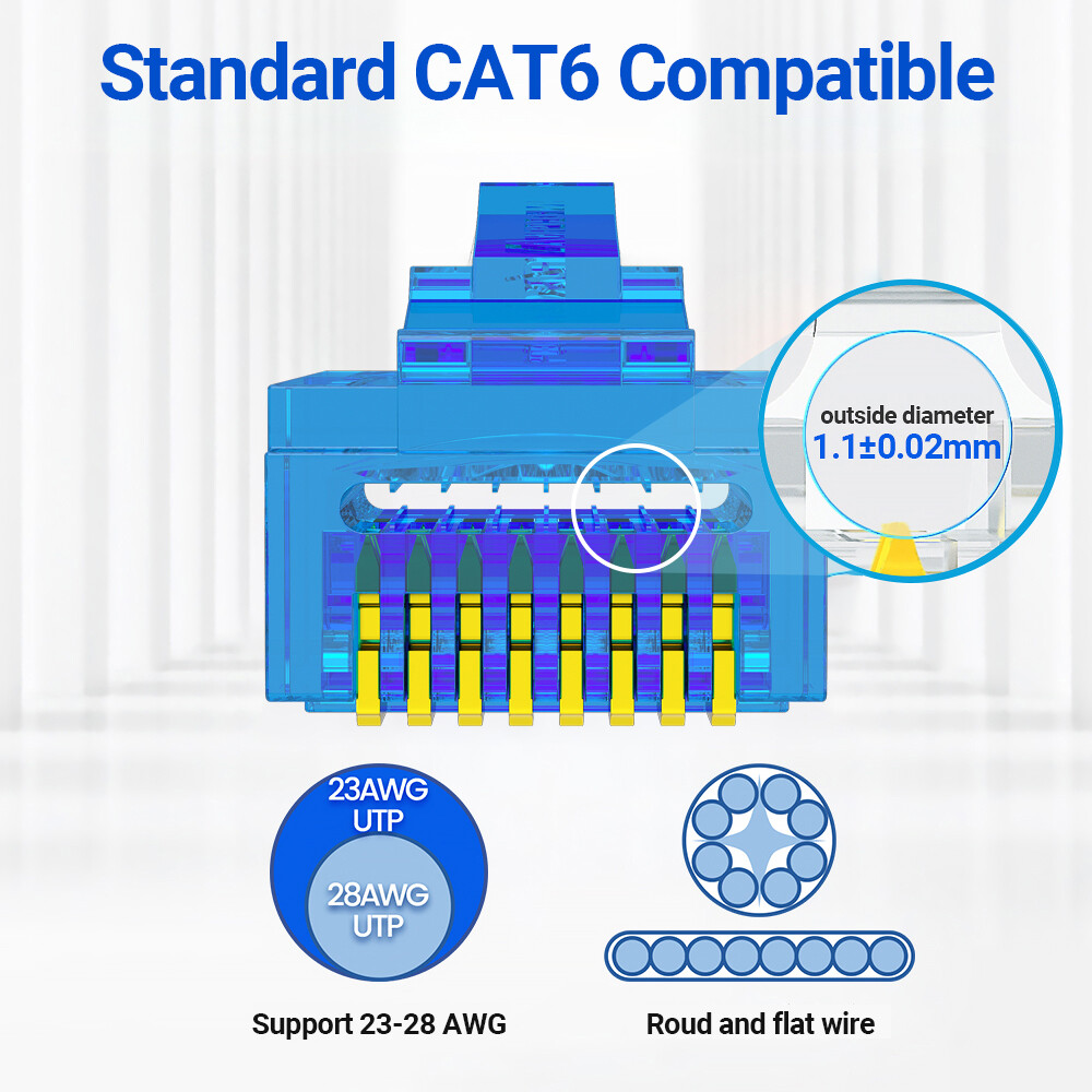 AMPCOM CAT6 RJ45 Pass Through Connectors EZ to Crimp Modular Network Connector For Computer Hardware Stranded UTP Cable