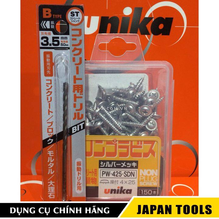 Vít bắt tường đầu dù 4.0x25mm kèm mũi khoan 3.4mm Unika F4x25-3.4 | Japan Tools