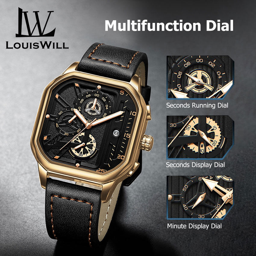 LouisWill jam tangan lelaki watch for mens Men’s Watches Casuals Fashion Watch Quartz Watches Business Wristwatches 3ATM Waterproof Watches Leather Strap Luminous Pointers Wrist Watches with 3 Adjustable Dial for Men watch men