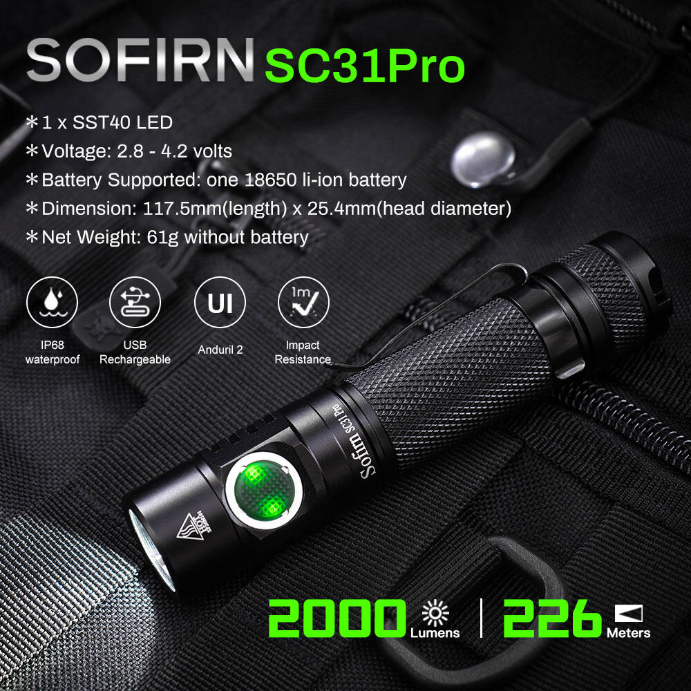 Đèn Pin LED Sofirn SC31 Pro, Cổng Sạc USB C Mạnh Mẽ 18650 SST40 2000LM Anduril