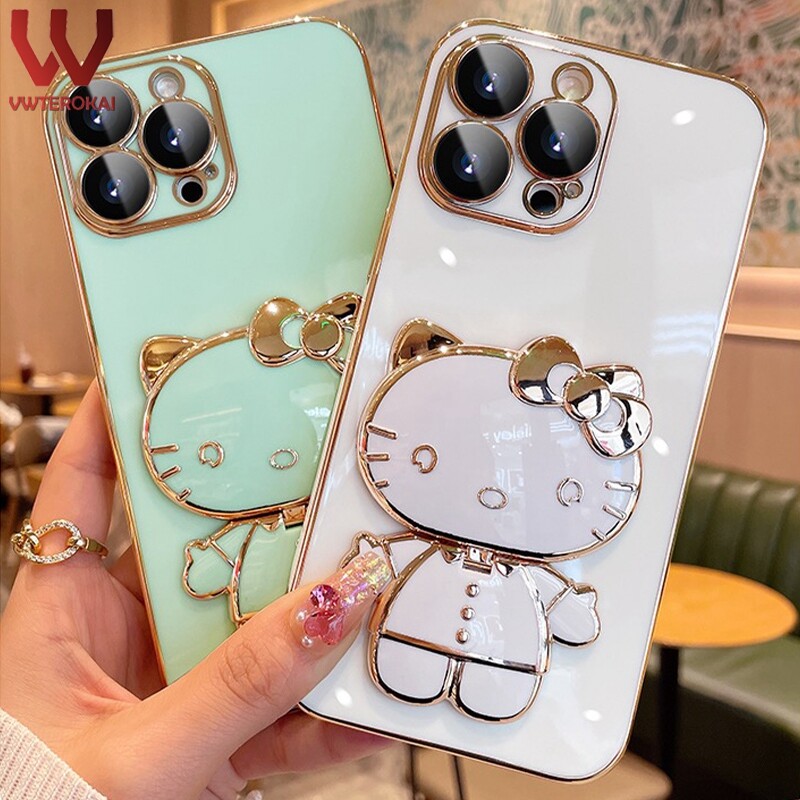 Hello Kitty 3D Cute Doll Makeup Mirror Phone Case For Apple Iphone 6/6S 6 Plus/6S Plus/ 7/8 7Plus/8Plus/X/XS XR XS Max Iphone 11 Pro Max Iphone 12 Mini 12 Pro Max 13 Pro Max 14 Pro Max 14 Plus Plated Soft TPU Bracket Back Cover