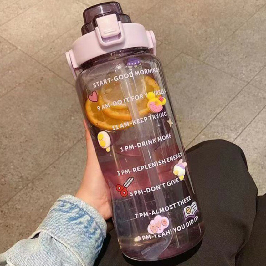 2 Liter Sports Water Bottle With Straw Men Women Fitness Water Bottles Outdoor Cold Water Bottle With Time Marker Drinkware