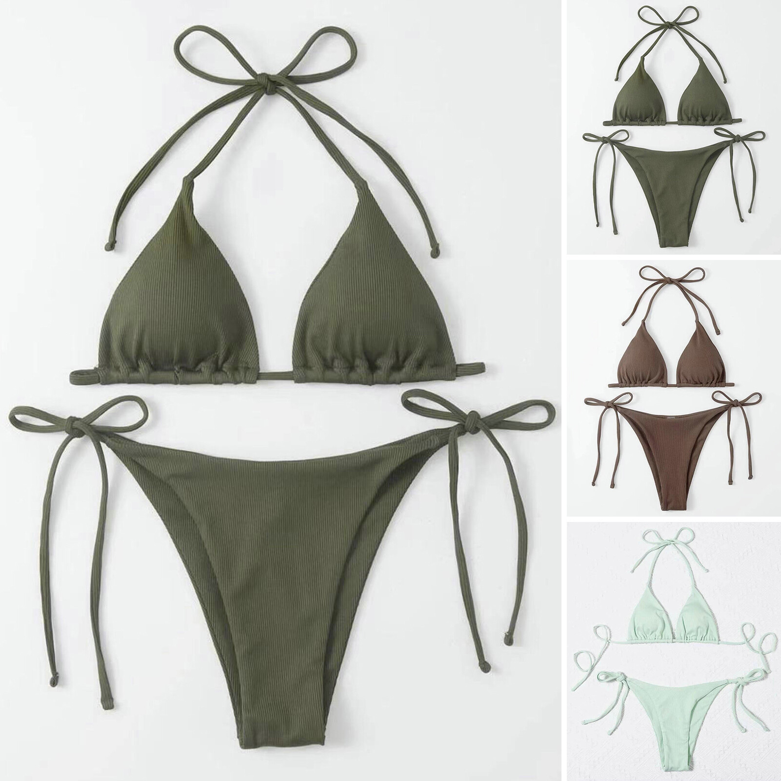 Witty Code 2Pcs/Set Ribbed Backless Pads Bikini Set Halter Triangle Bra Side Tie Thong Swimwear Beachwear Bikini Set Ribbed