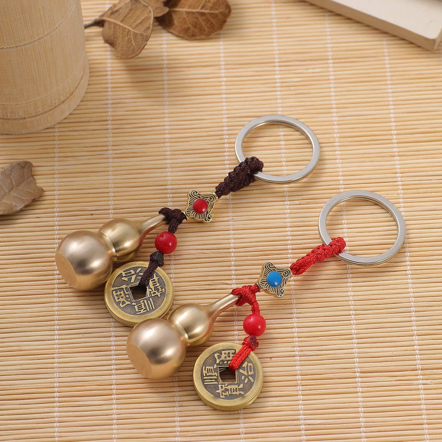 2 Feng Shui Coins with Brass Calabash Wu Lou Keychain for Long Lasting Travel Success of Porsperity and Good Luck with Blessing Paper on It (New 2021 Open from the Middle)