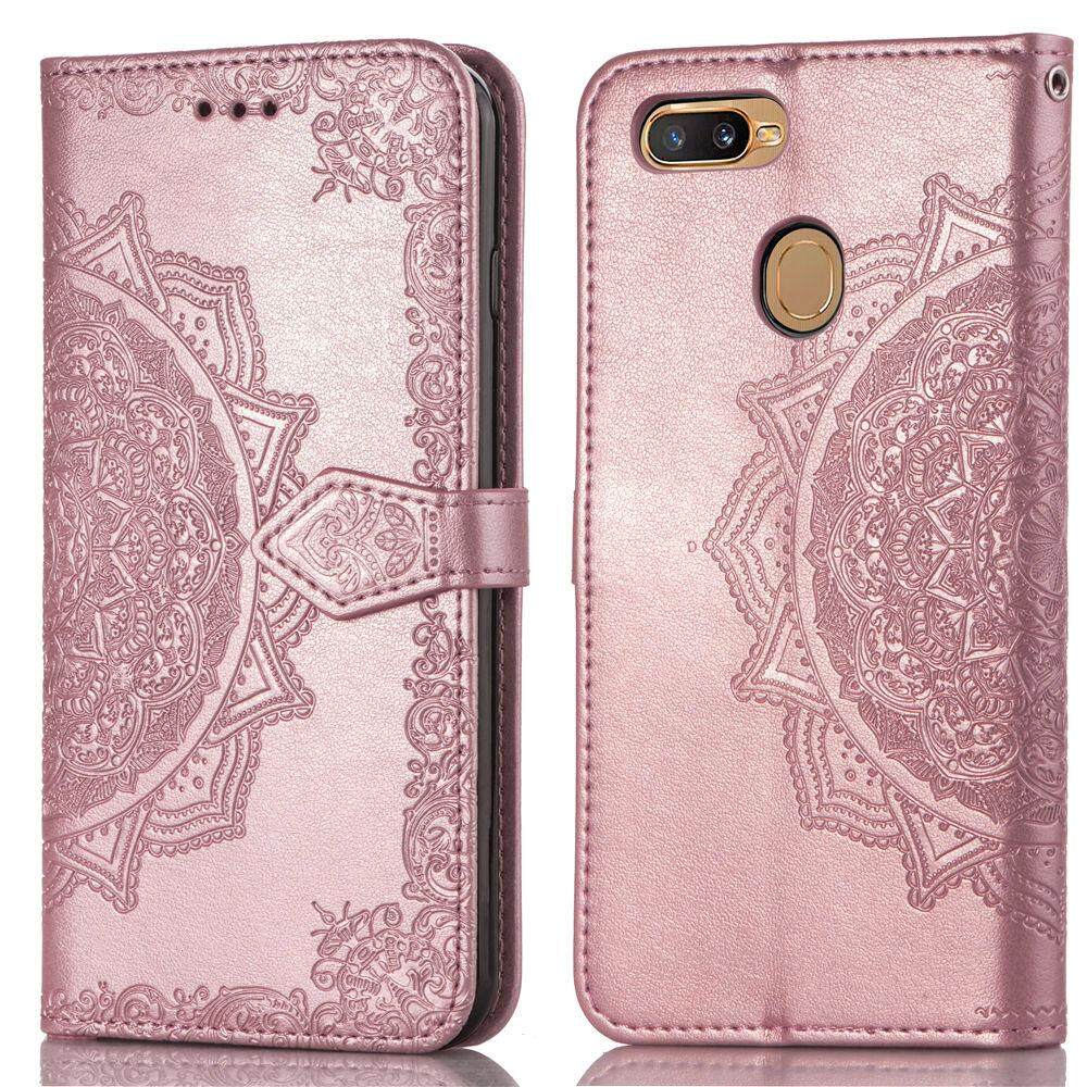 Cho OPPO A5s A3S A7 A83 A73 F11 F11 Pro F5 F7 F9 trường hợp, sang trọng 3D Relief hoa mạn đà la lật Ví da đứng Trường hợp với khe đựng thẻ và dây đeo tay Ví Ốp điện thoại Bìa