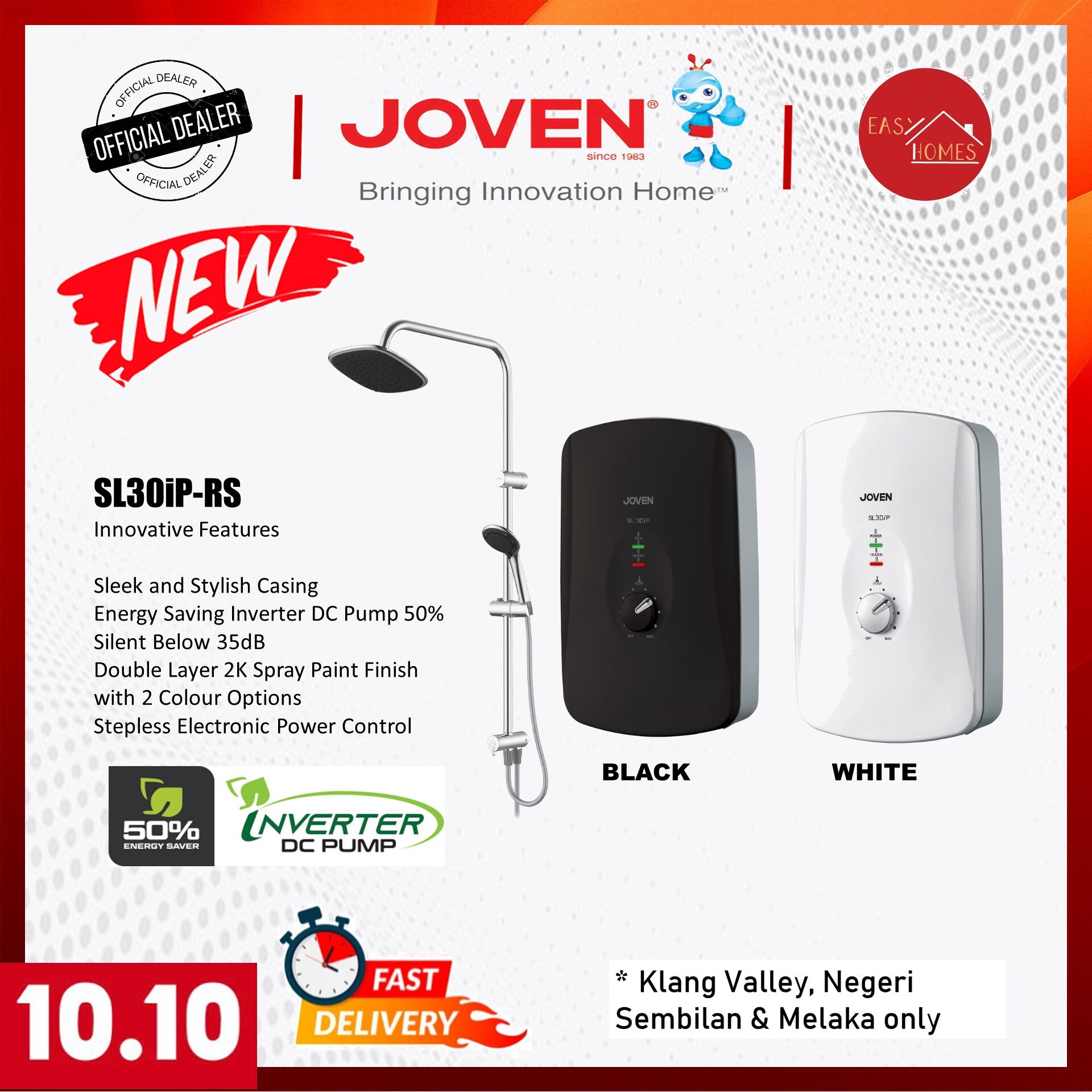 JOVEN SL30IP-RS / SL30iP Water Heater With Inverter DC Pump (SL30iP) or  With Rain Shower (SL30IP-RS) Black or White | Lazada