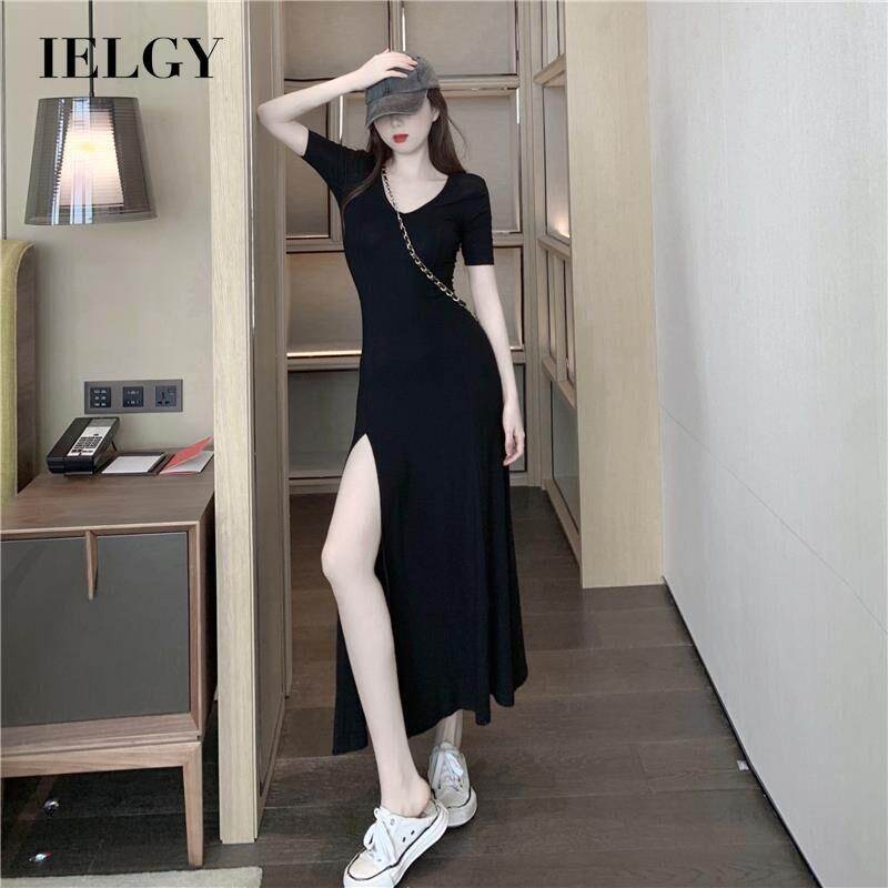IELGY French temperament V-neck solid color knit dress female A-line slim long skirt