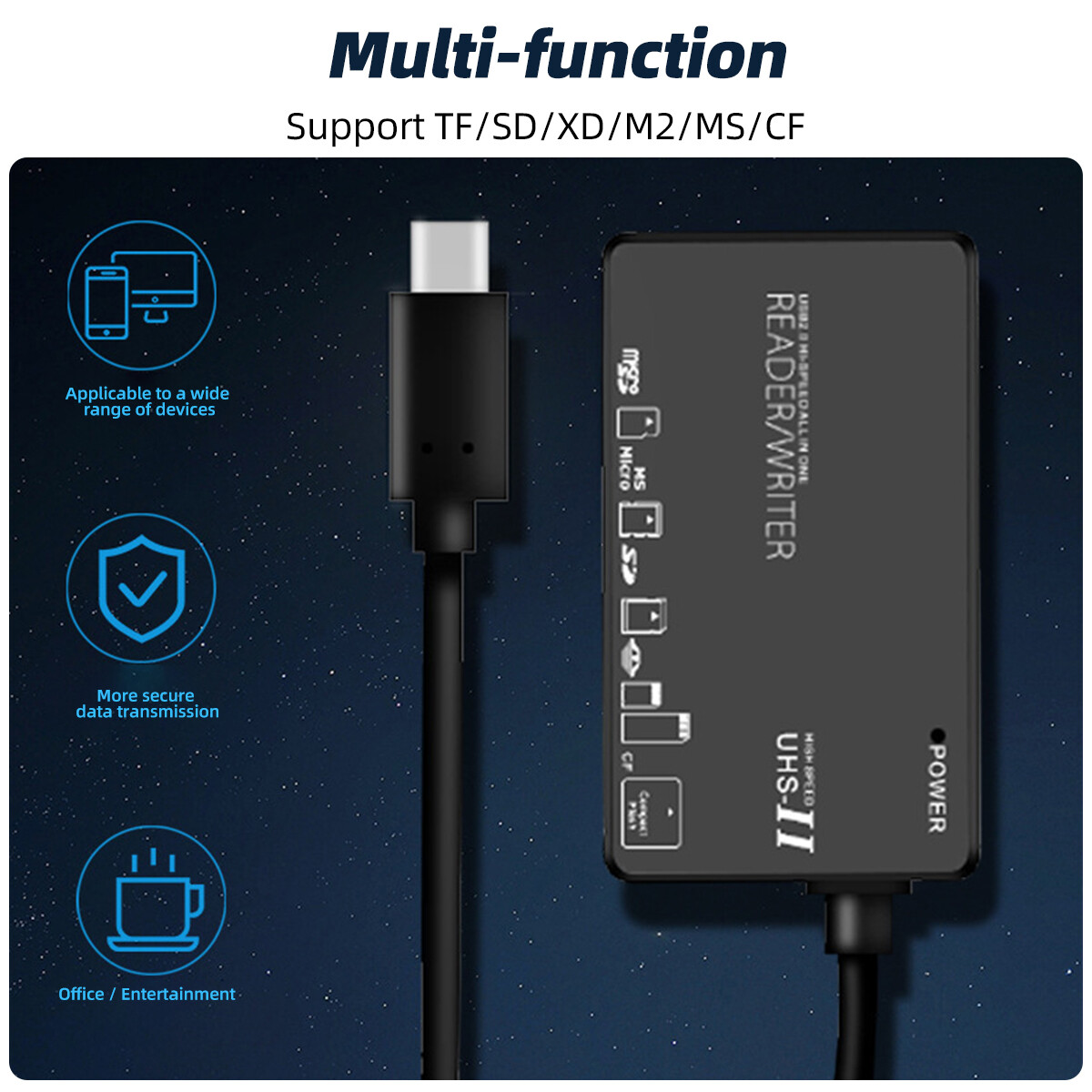 FONKEN 6 in 1 USB2.0/Type-C Card Reader Multi Function CF M2 MS XD SD TF Six Card Slot Camera Password Box Card Reader