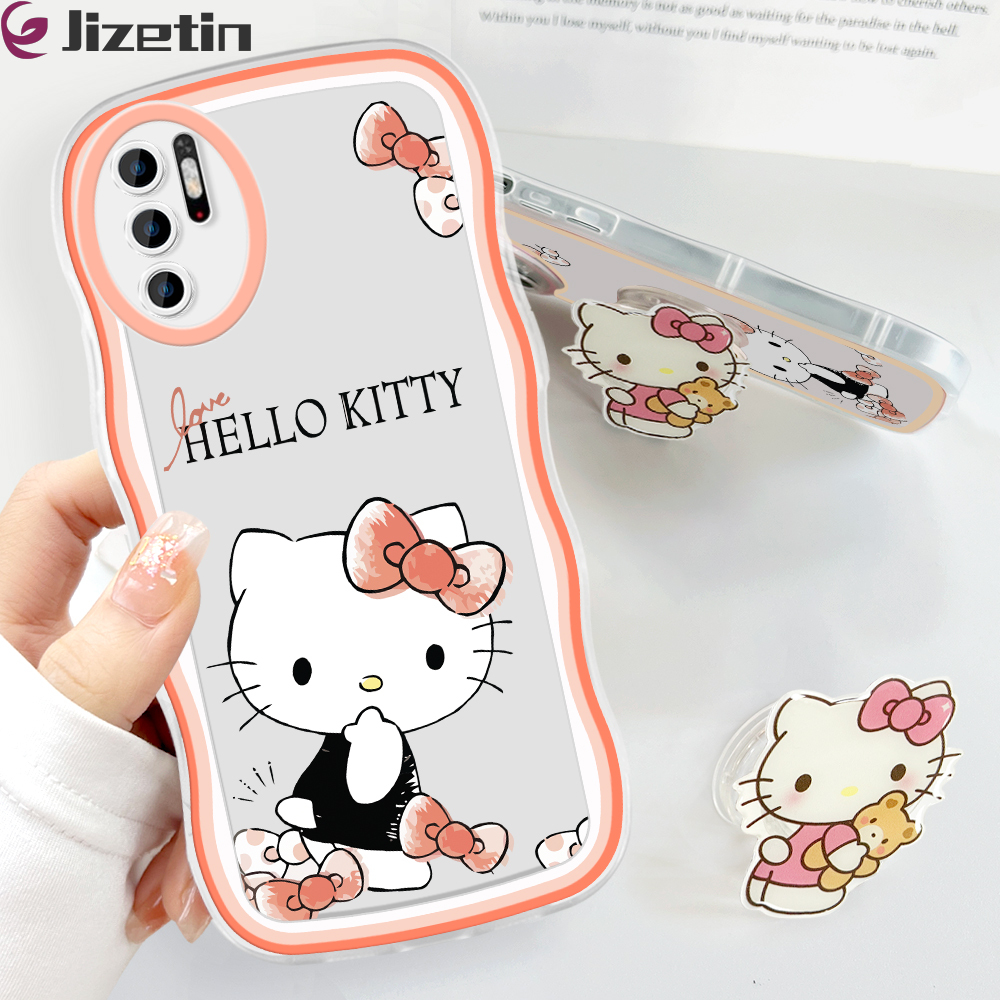 (With Free Holder) Jizetin Phone Casing For Xiaomi Redmi Note 10 Note 10S Note 10 Pro Note 10 5G Note 9 Note 8 Fashion Soft Wavy Phone Case Hello Kity Cat Cartoon Shockproof Cellphone Casing Full Cover Camera Protection